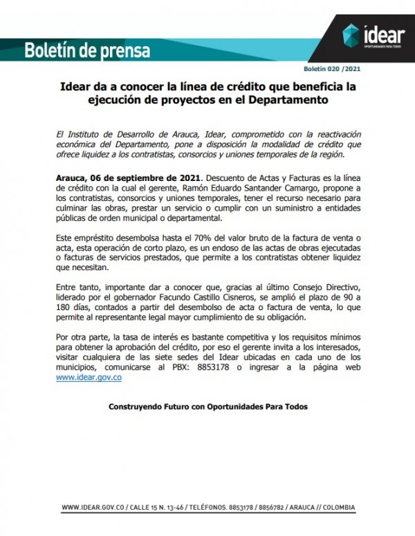 Idear da a conocer la línea de crédito que beneficia la ejecución de proyectos en el Departamento