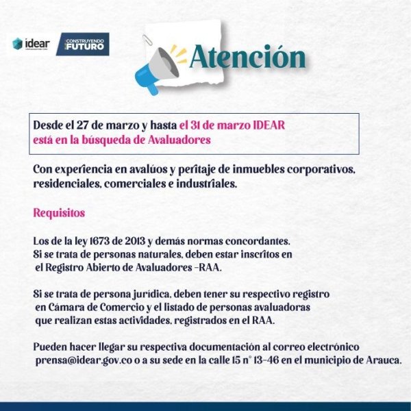 Hasta el 31 de marzo IDEAR está en la búsqueda de Avaluadores