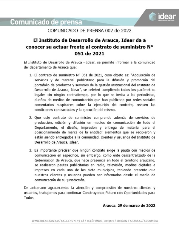 COMUNICADO DE PRENSA 002 de 2022 - El Instituto de Desarrollo de Arauca, Idear da a conocer su actuar frente al contrato de suministro N° 051 de 2021