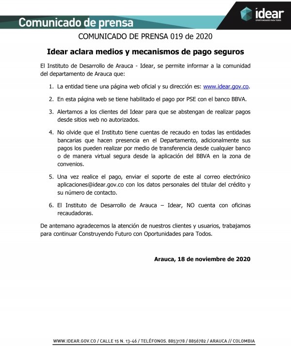 COMUNICADO DE PRENSA - Idear aclara medios y mecanismos de pago seguros