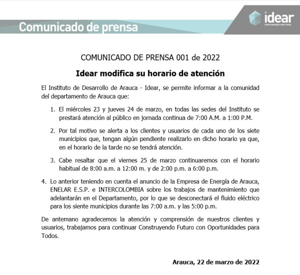 COMUNICADO DE PRENSA 001 de 2022- Idear modifica su horario de atención